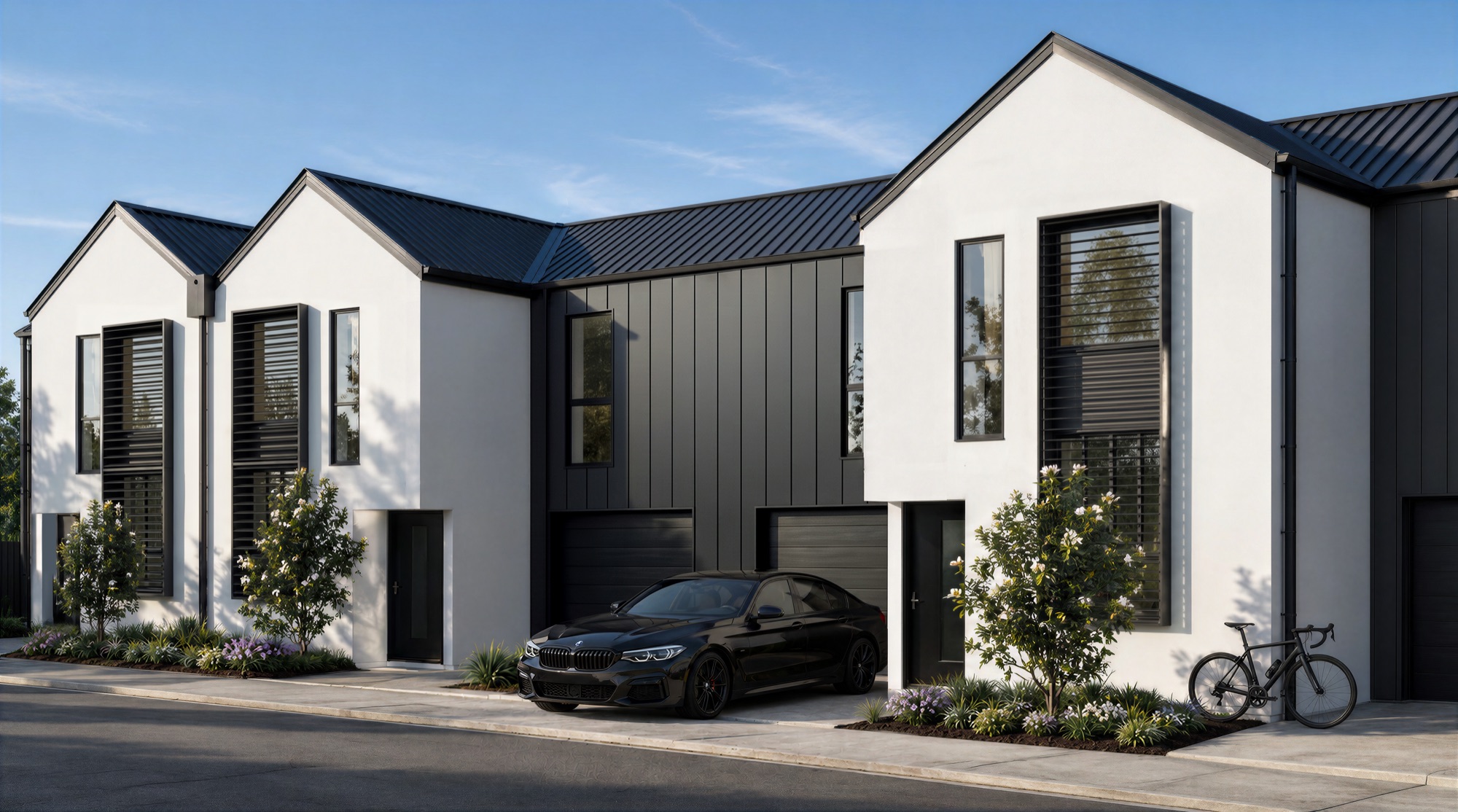 Photorealistic street render of the gabled white and black Rogers Street townhouses with garages in Sydenham, Christchurch, by Render Works