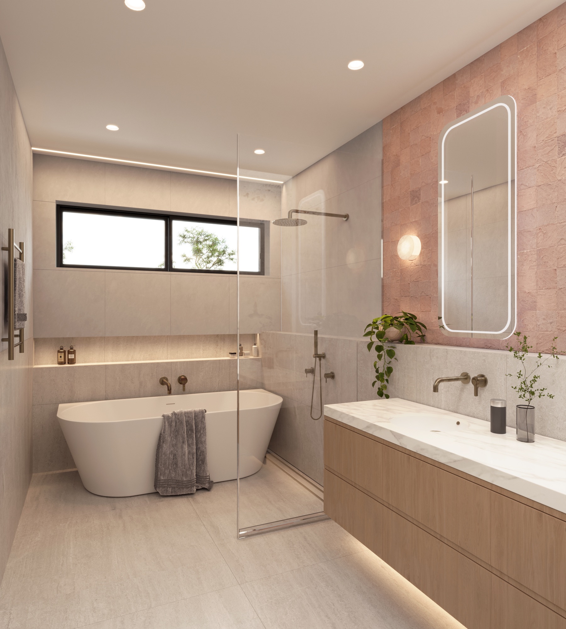 Photorealistic render of the Soleil bathroom with freestanding bath and pink feature tiles by Render Works
