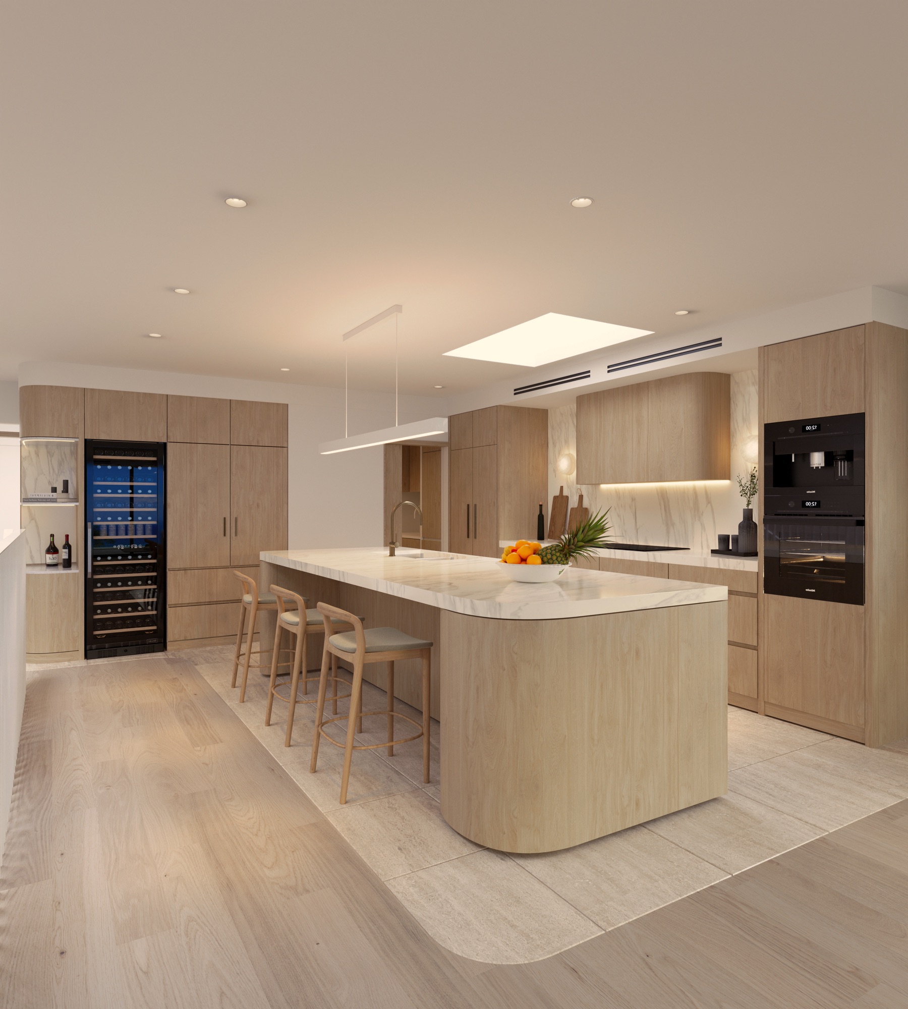 Photorealistic render of the Soleil timber kitchen with island bench by Render Works