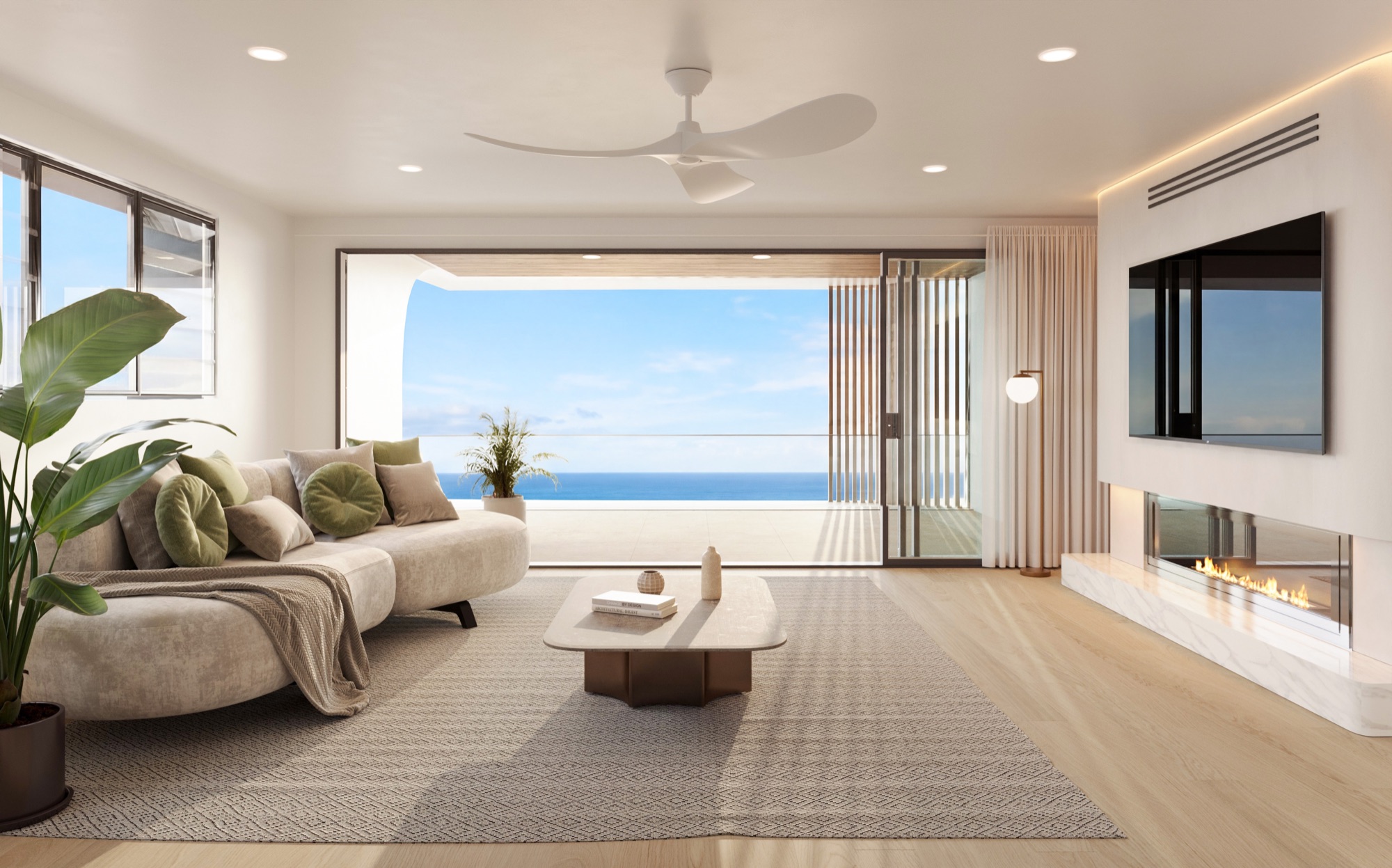 Photorealistic render of the Soleil living room with ocean views by Render Works