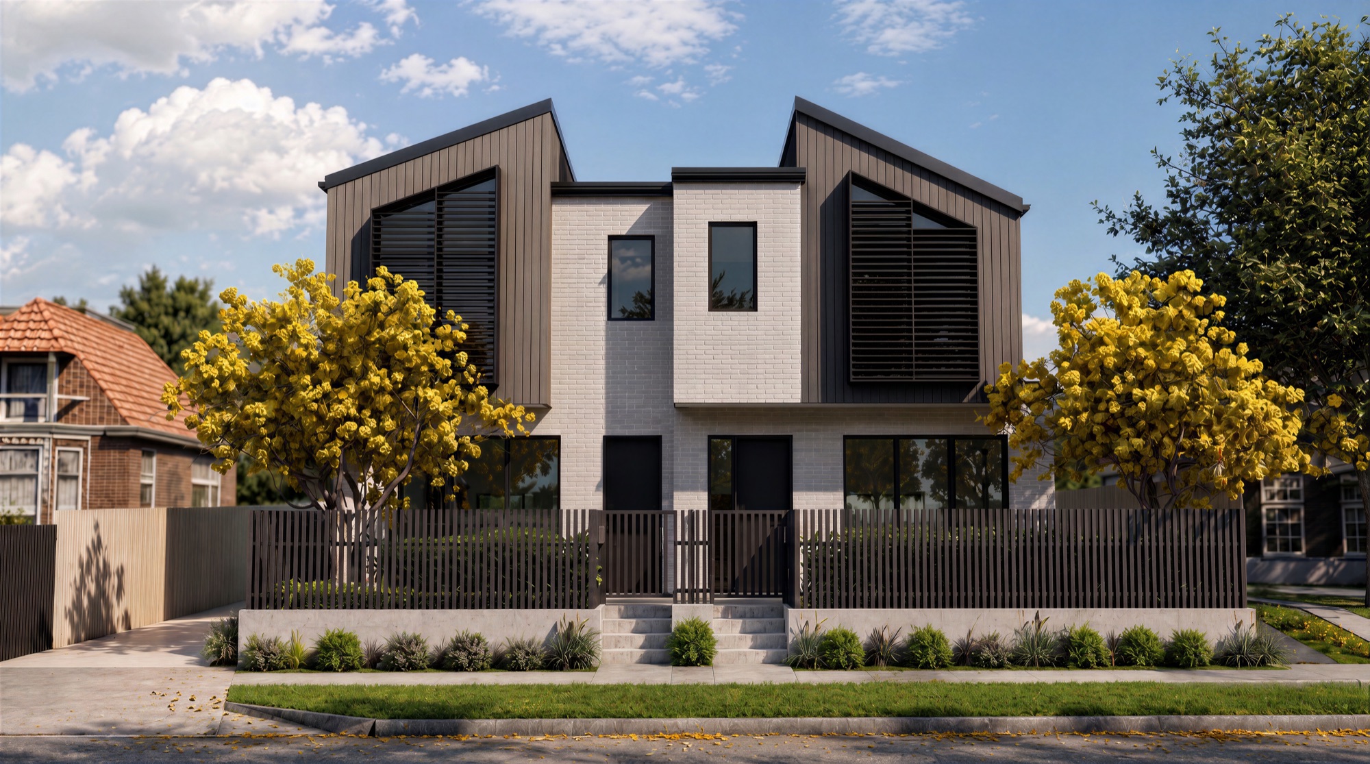 Photorealistic exterior render of the Springleigh townhouses in Mount Albert with golden flowering street trees by Render Works