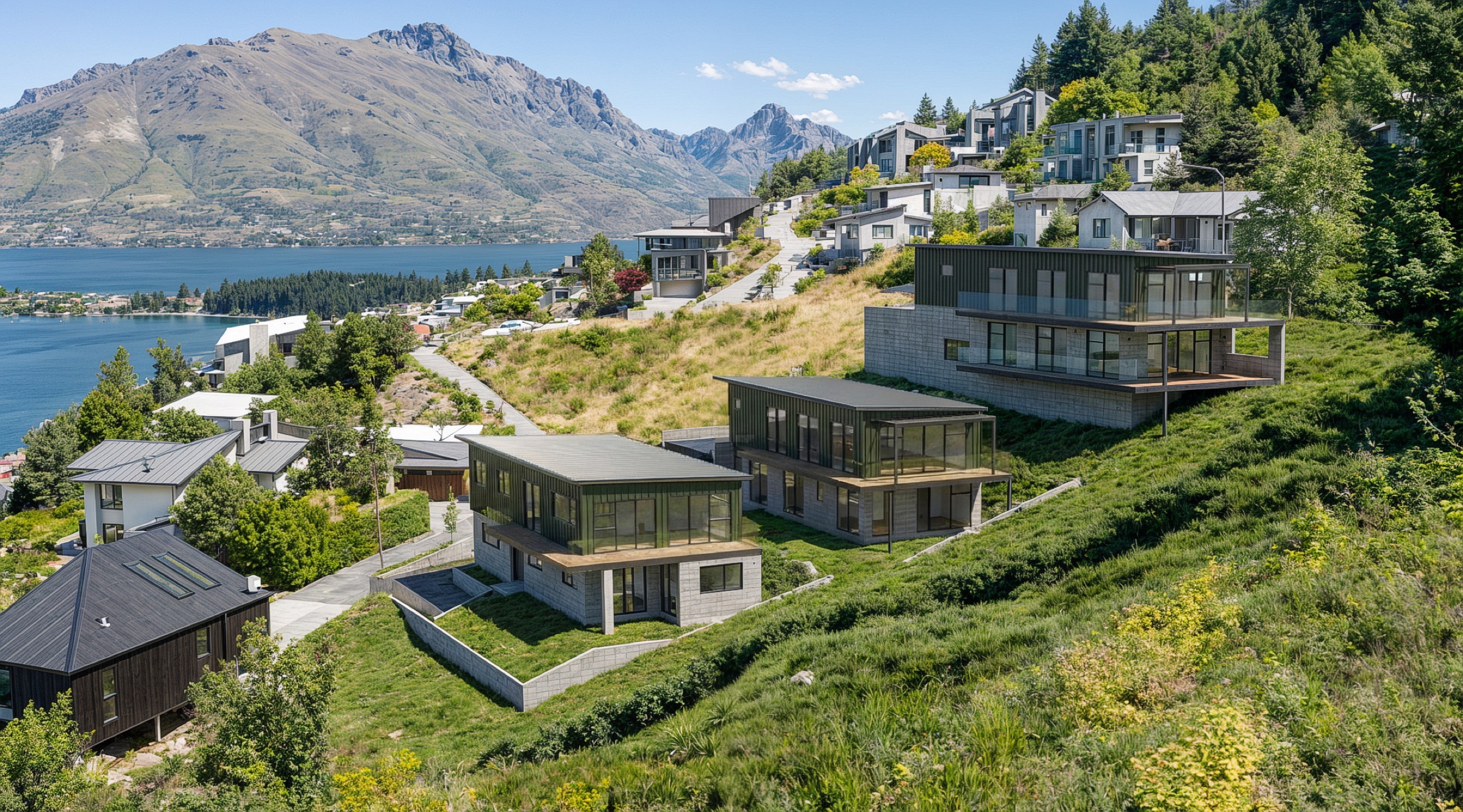 Photorealistic exterior render of the Tussock Lane townhouses and their Queenstown setting by Render Works