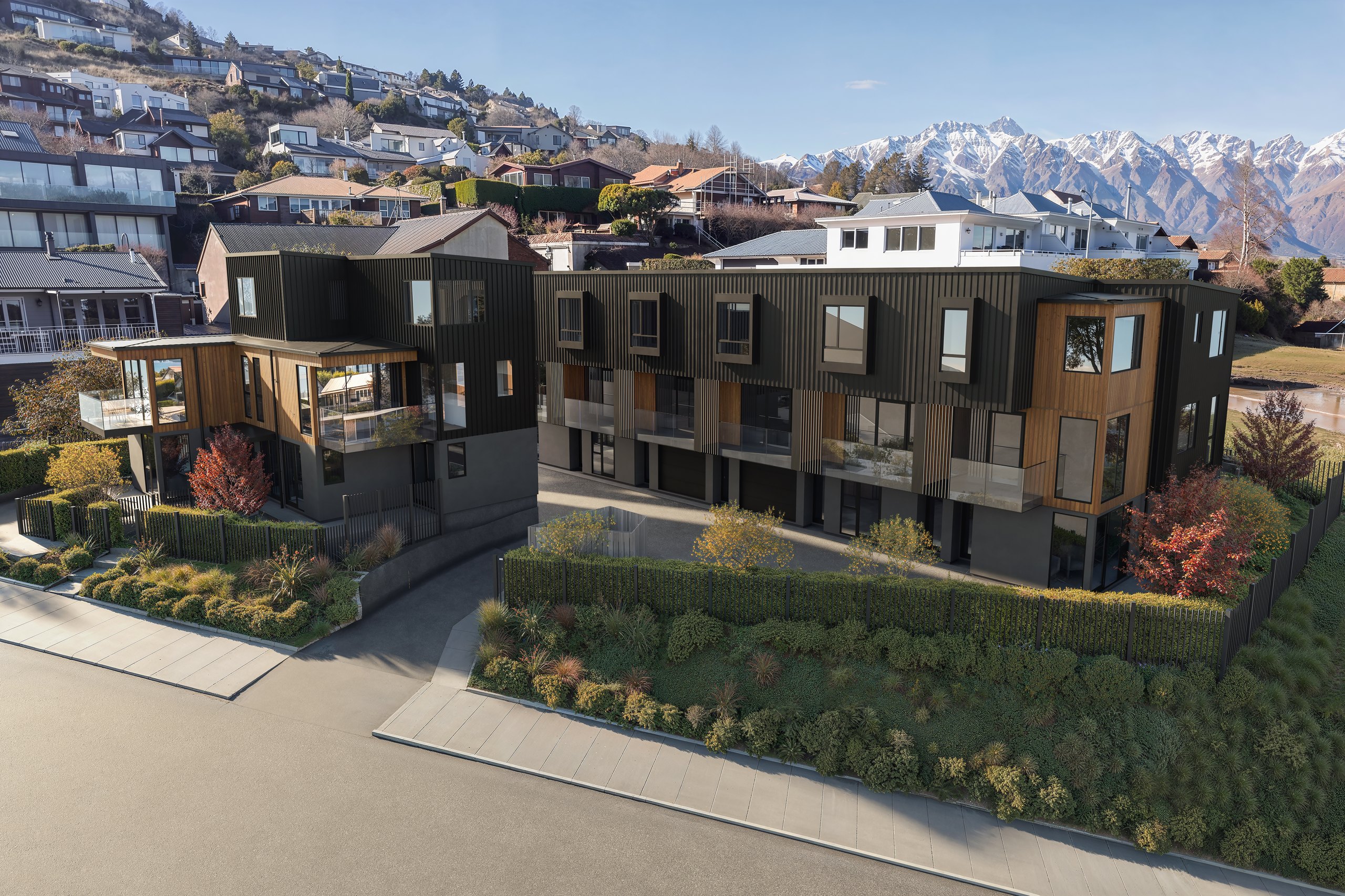 Photorealistic elevated render of both York Street blocks with Kwila decks and native landscaping by Render Works
