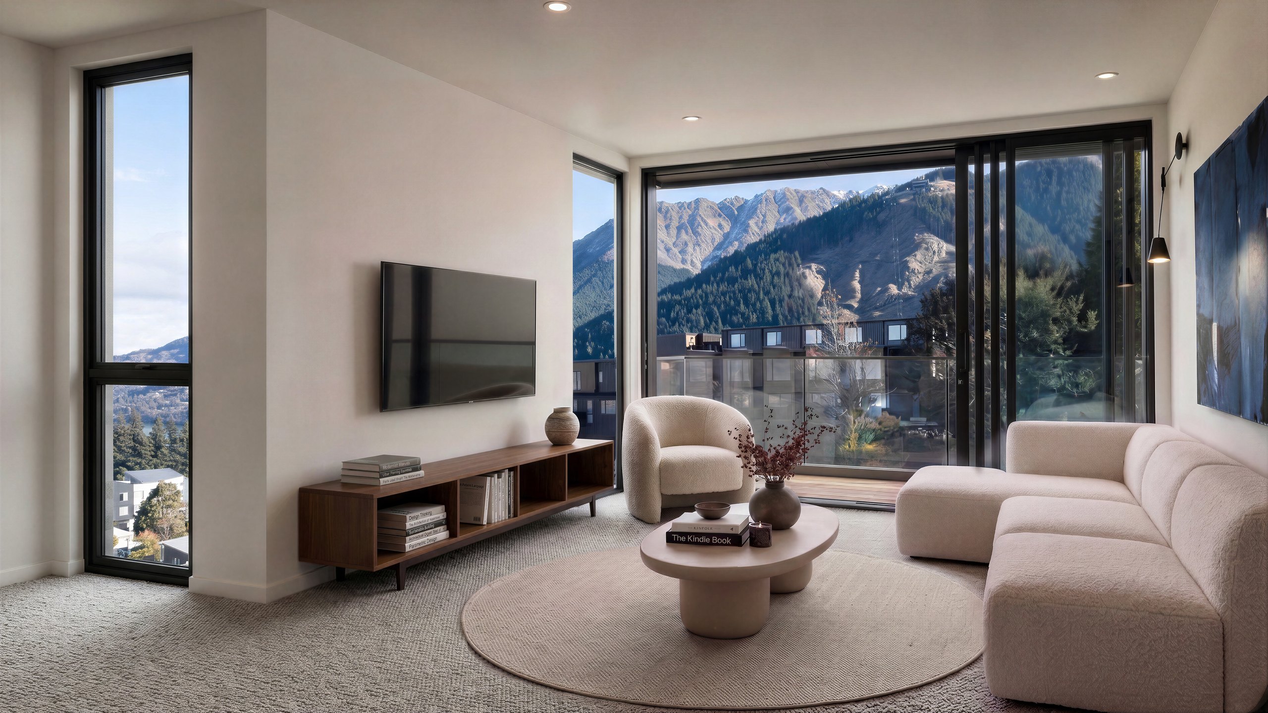 Photorealistic render of the Unit 1 living room at York Street with sliding doors to a deck by Render Works
