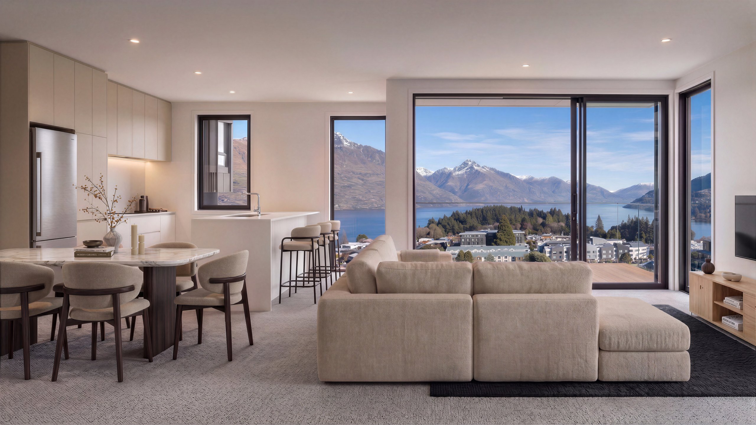 Photorealistic render of the Unit 2 dining and living space at York Street looking out to Lake Whakatipu by Render Works