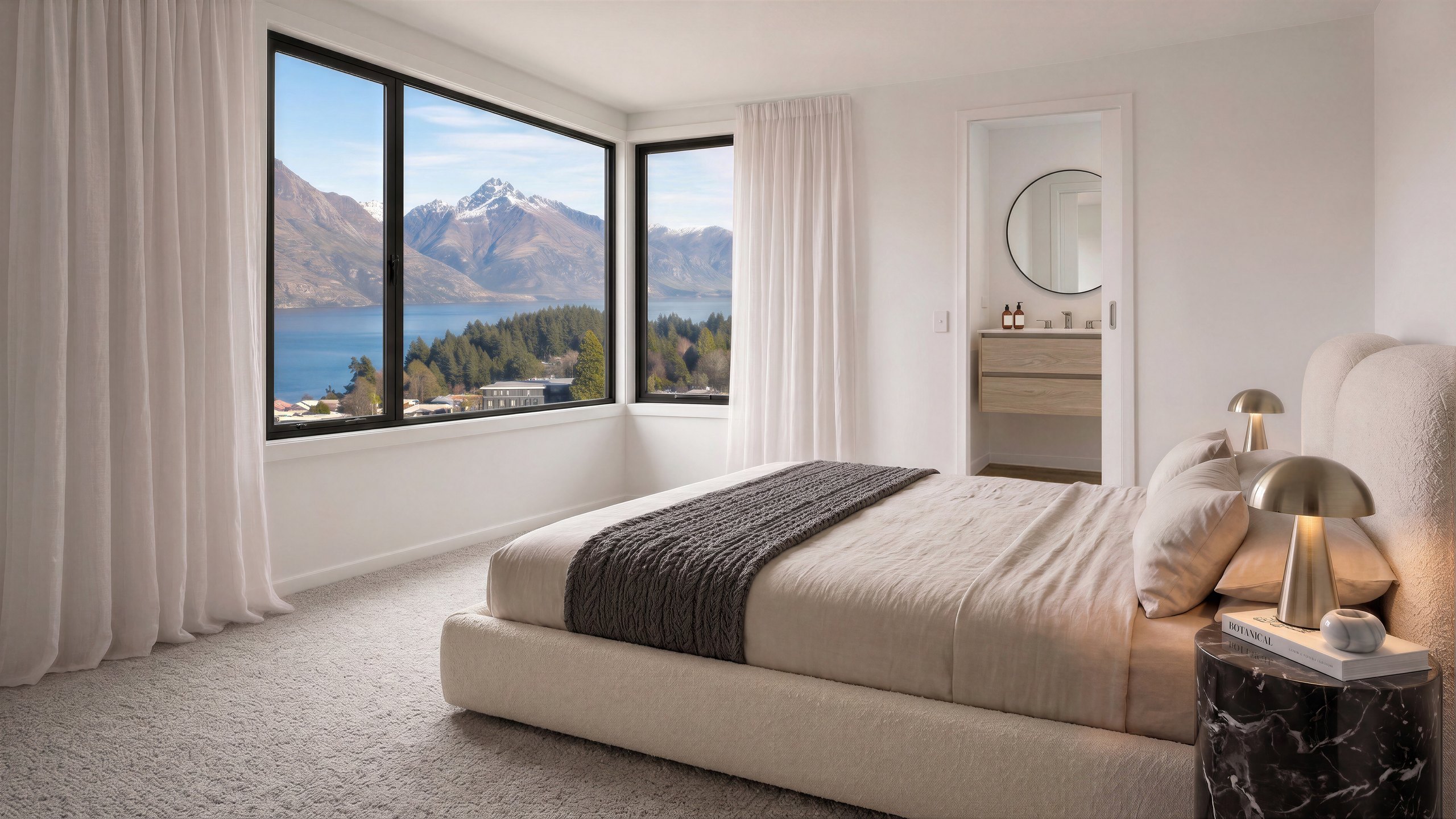 Photorealistic render of a Unit 8 corner bedroom at York Street with lake and mountain views by Render Works